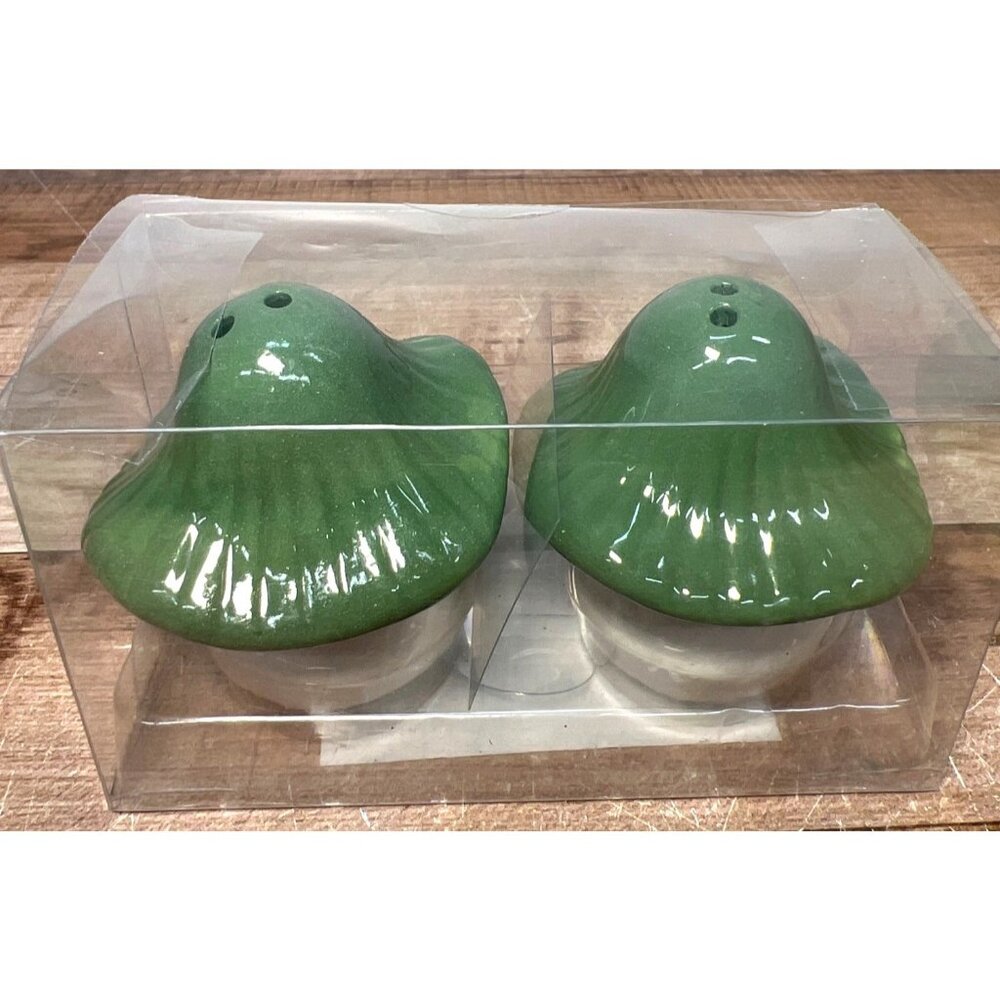 Mushroom Shaped Ceramic Salt & Pepper Shakers In Green & White Design